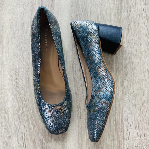 Anthropologie Shoes - Anthropologie Snake Print Metallic Block Heel Closed Toe Pumps